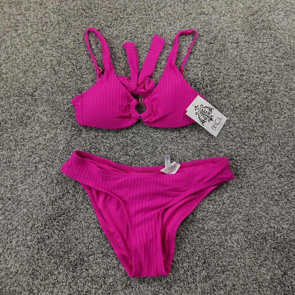 BECCA Hot Pink Textured Ring-Front Bikini Set